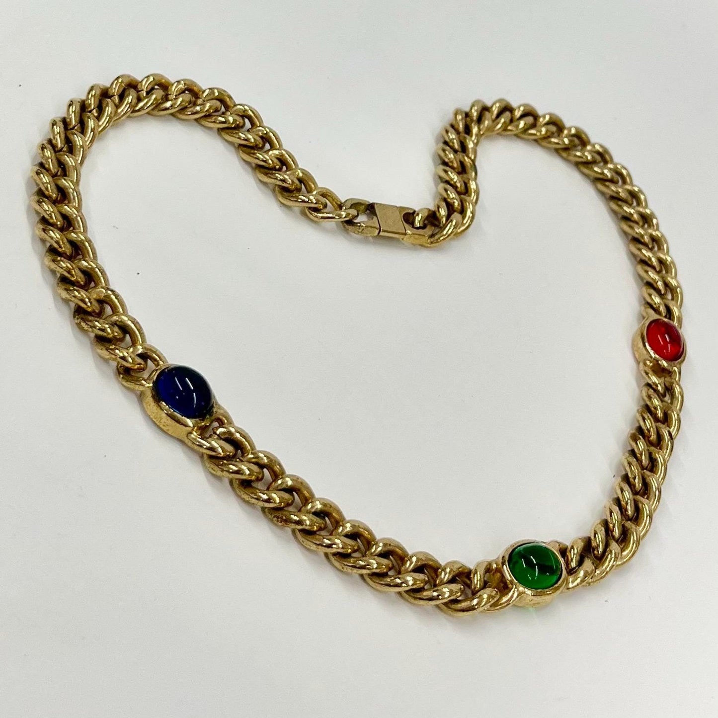 Vintage Gold Plated Chunky Curb Chain Necklace with Red Blue Green Glass Cabochon Accents 1970’s - 1980’s Statement Power Chain TheGreenGlassGemShop