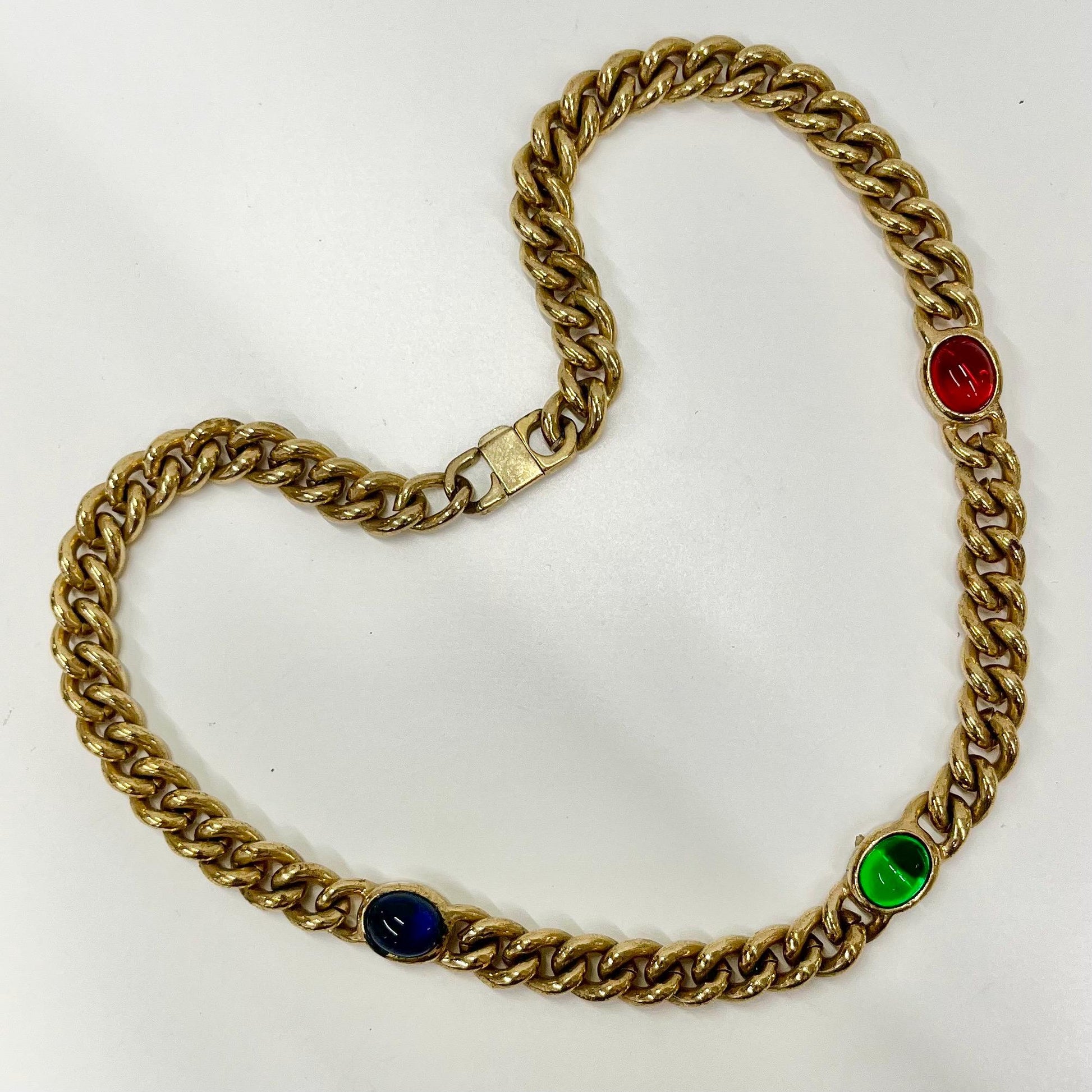 Vintage Gold Plated Chunky Curb Chain Necklace with Red Blue Green Glass Cabochon Accents 1970’s - 1980’s Statement Power Chain TheGreenGlassGemShop