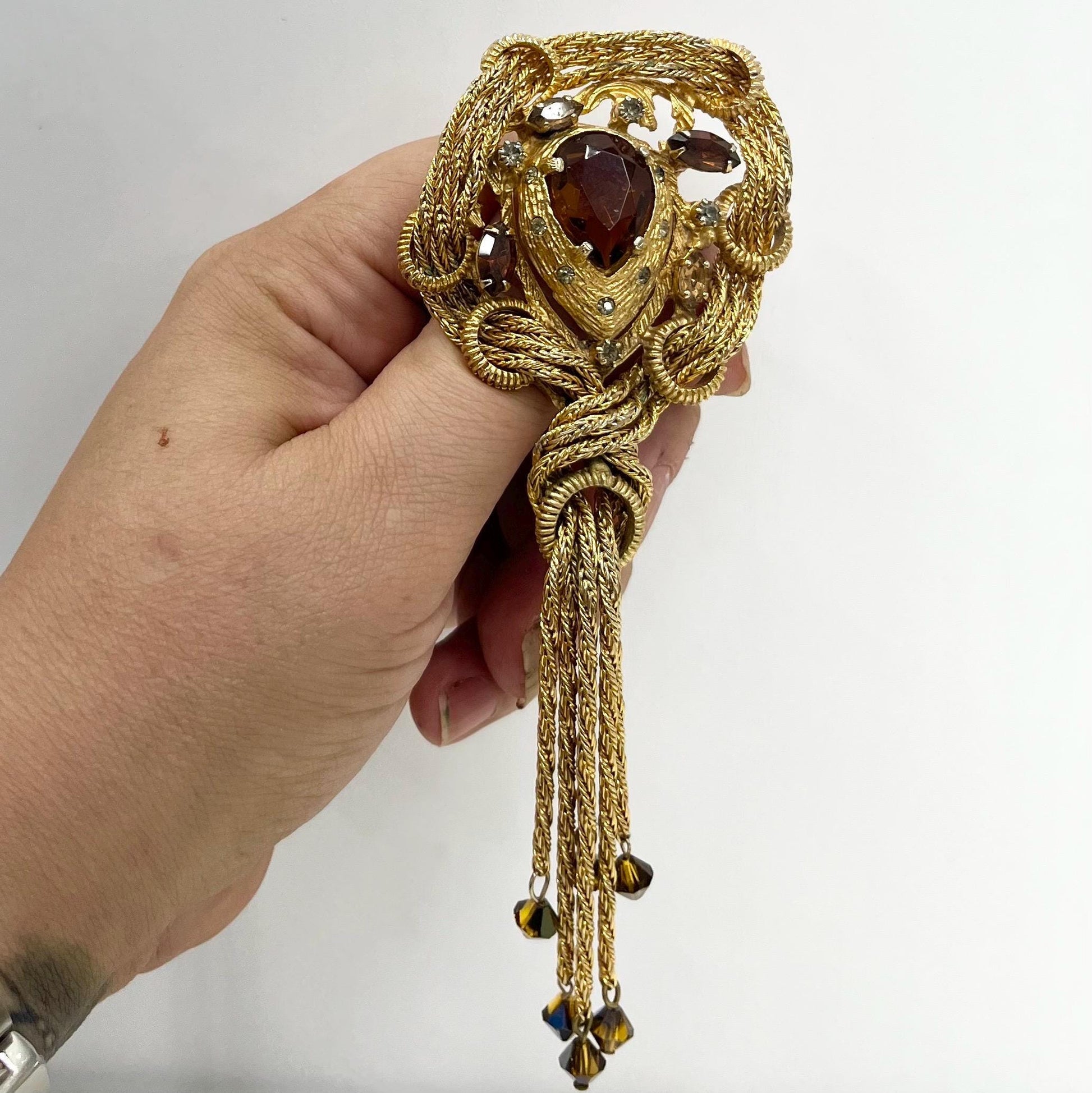 Vintage Huge Long Tassle Drop Brooch Gold Plate Statement Piece with Topaz Coloured Austrian Crystals TheGreenGlassGemShop