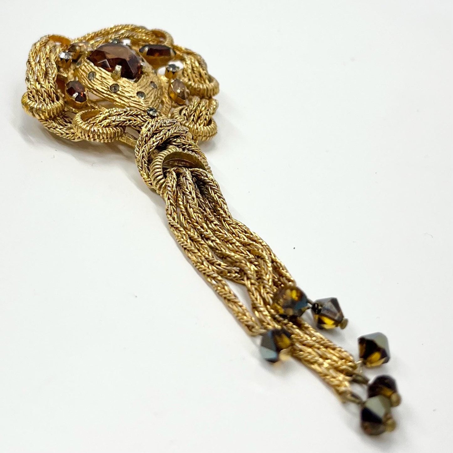 Vintage Huge Long Tassle Drop Brooch Gold Plate Statement Piece with Topaz Coloured Austrian Crystals TheGreenGlassGemShop