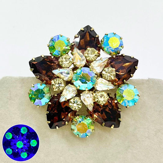 Large Floral Brown & Green Uranium Glass Crystal Flower Brooch Gold Tone Metal with a UV Reactive Glow UV Vintage Statement Jewellery TheGreenGlassGemShop