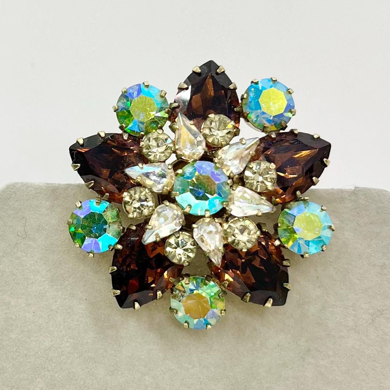 Large Floral Brown & Green Uranium Glass Crystal Flower Brooch Gold Tone Metal with a UV Reactive Glow UV Vintage Statement Jewellery TheGreenGlassGemShop