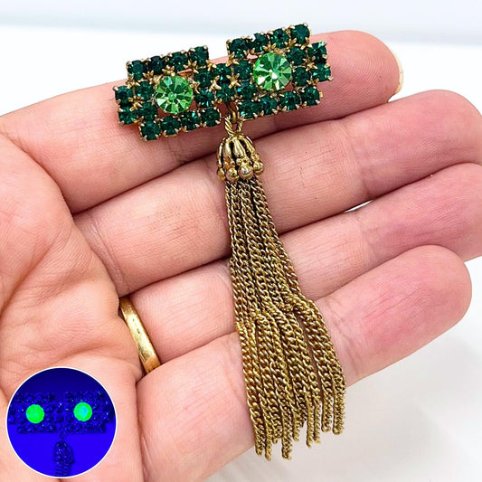 Vintage Green Uranium & Emerald Glass Austrian Crystal Tassle Drop Bar Brooch Gold Tone with a UV Reactive Glow UV Jewellery TheGreenGlassGemShop