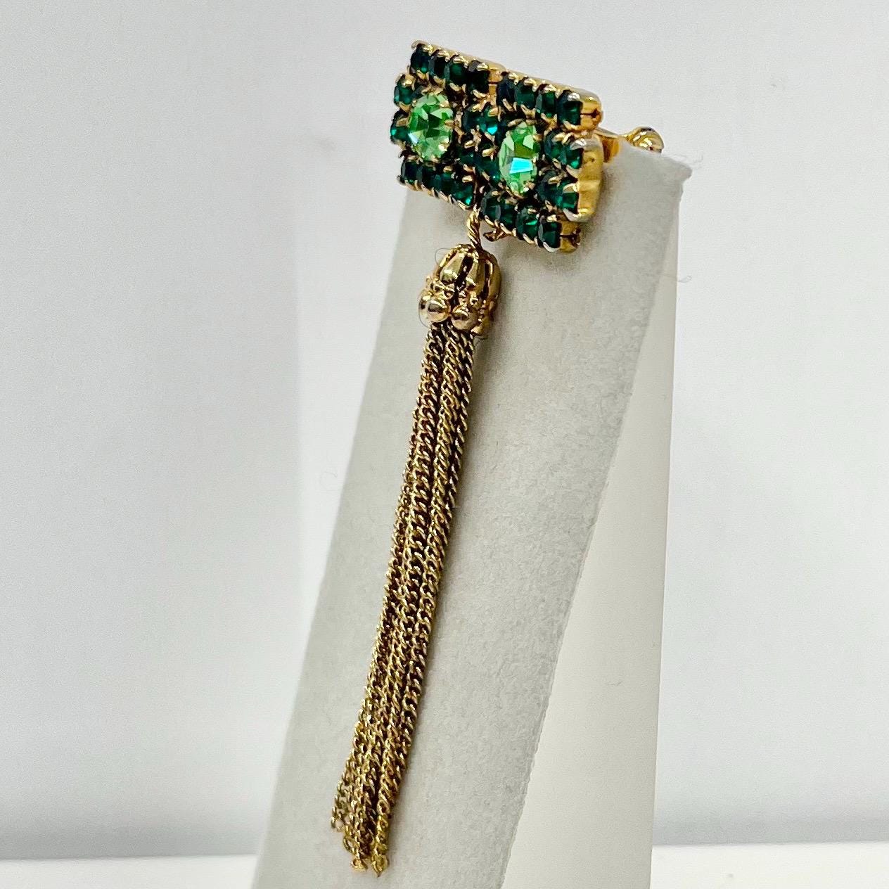 Vintage Green Uranium & Emerald Glass Austrian Crystal Tassle Drop Bar Brooch Gold Tone with a UV Reactive Glow UV Jewellery TheGreenGlassGemShop