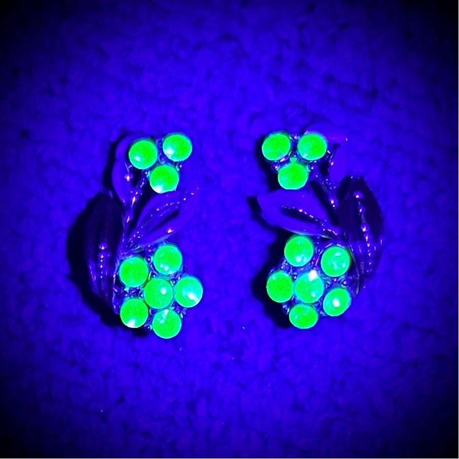 Vintage Green Uranium Crystal Gold Tone Flower Clip On Earrings with Enamel Accents UV Reactive Glowing Statement Jewellery TheGreenGlassGemShop