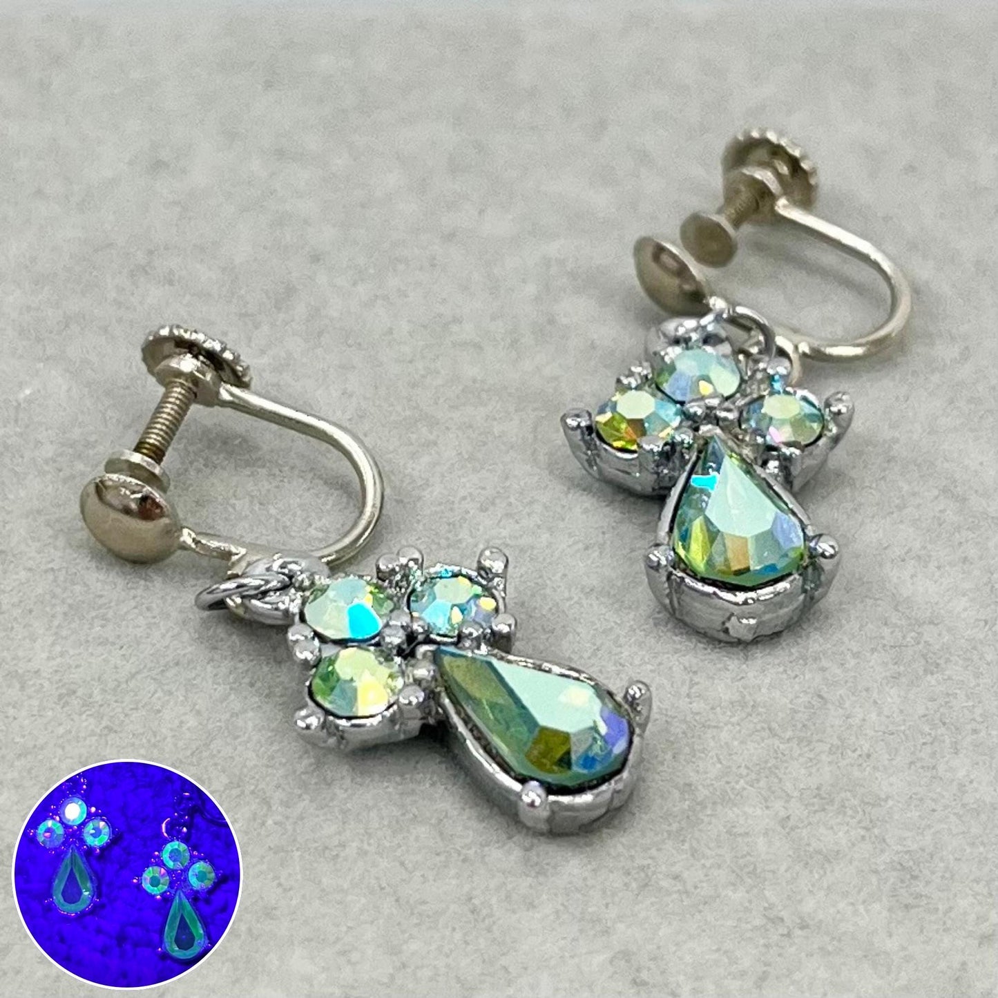 Vintage Teardrop Aurora Borealis Green Uranium Crystal Silver Tone Scolled Screw Back Clip On Earrings UV Reactive Statement Jewellery TheGreenGlassGemShop