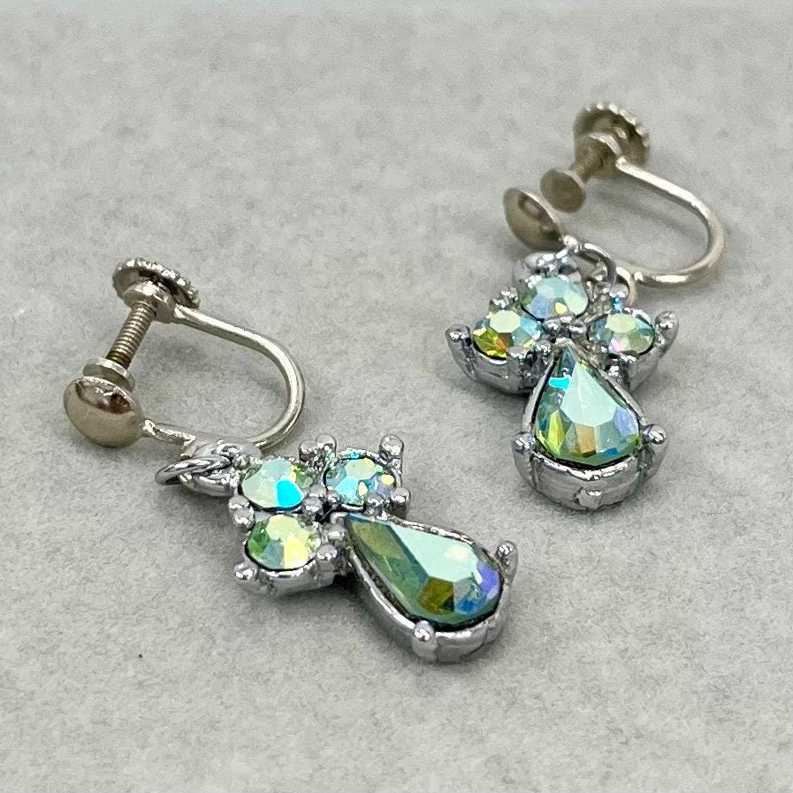 Vintage Teardrop Aurora Borealis Green Uranium Crystal Silver Tone Scolled Screw Back Clip On Earrings UV Reactive Statement Jewellery TheGreenGlassGemShop