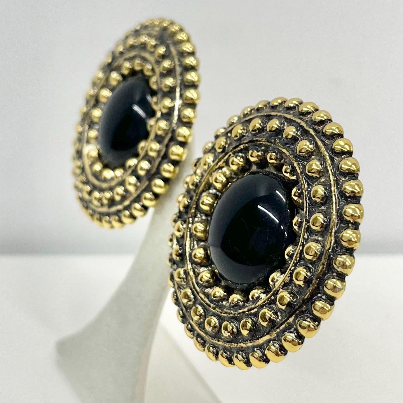 Vintage Large Round Black Middle Statement Clip On Earrings Antiques Gold Tone 1980’s - 1990’s TheGreenGlassGemShop