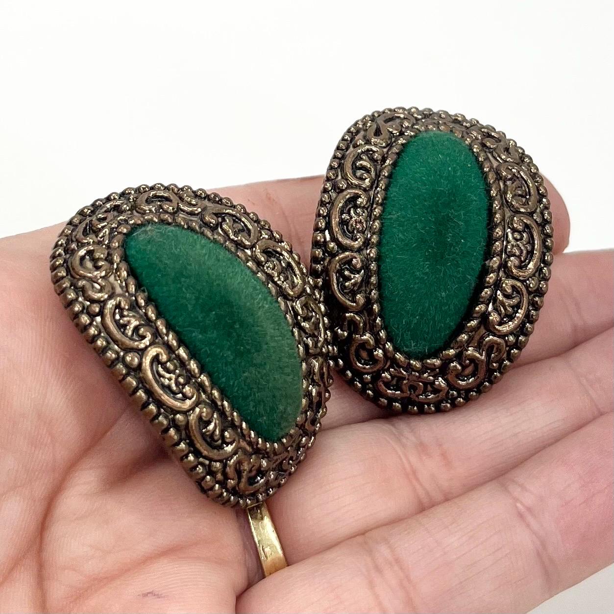 Vintage Chunky Oval Domed Green Velvet Middle Statement Clip On Earrings Antique Bronze Tone 1980’s - 1990’s TheGreenGlassGemShop