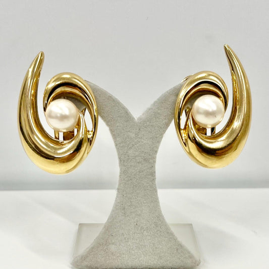 Vintage Pierre Lang Gold Plated Swirl Clip On Earrings with a Glass Pearl Accent 1970’s - 1980’s TheGreenGlassGemShop