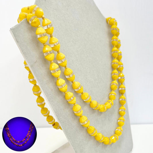 Vintage Art Deco 44” Long Yellow Cadmium Glass Bead Necklace Long Flapper Length Orange Cadmium UV Reactive Glow Jewellery TheGreenGlassGemShop