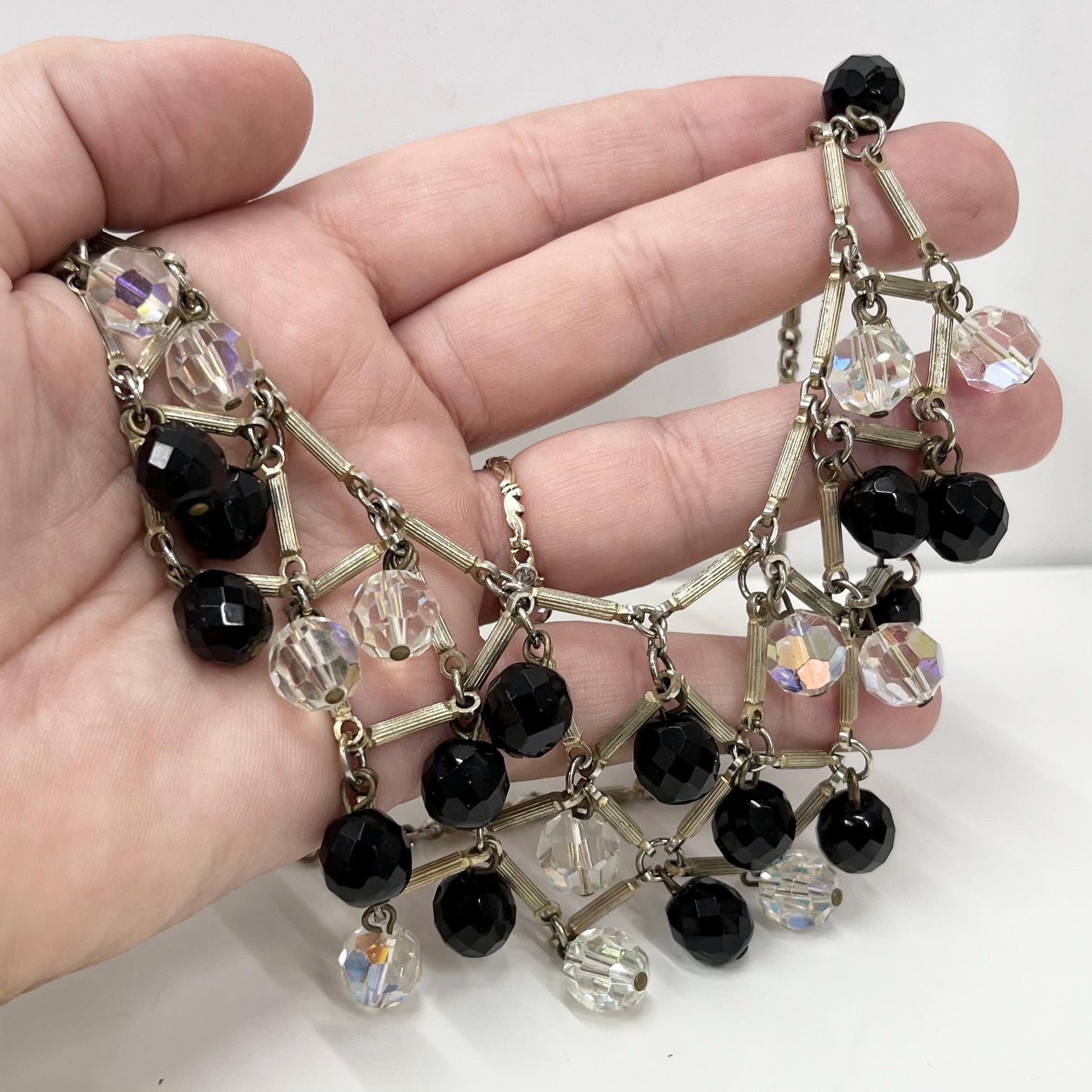 Vintage 1940’s 1950’s Black & Clear Austrian Crystal Glass Bead Necklace Bib Waterfall Style Drop Necklace TheGreenGlassGemShop