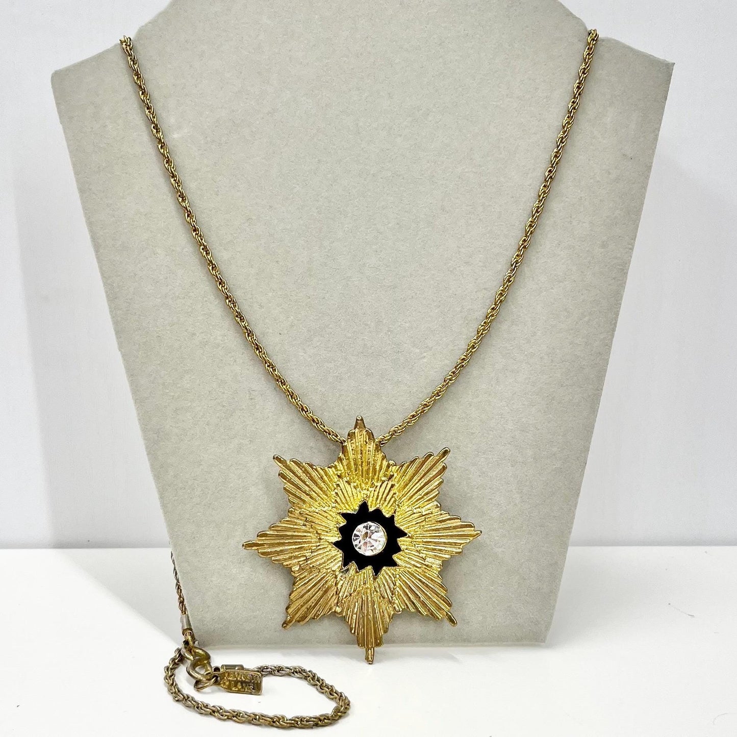 Vintage 1970‘s 1980’s Kenneth Lane Gold Plate Starburst Star / Flower Pendant Necklace with Black Enamel & Crystal Crystal 32” Curb Chain TheGreenGlassGemShop