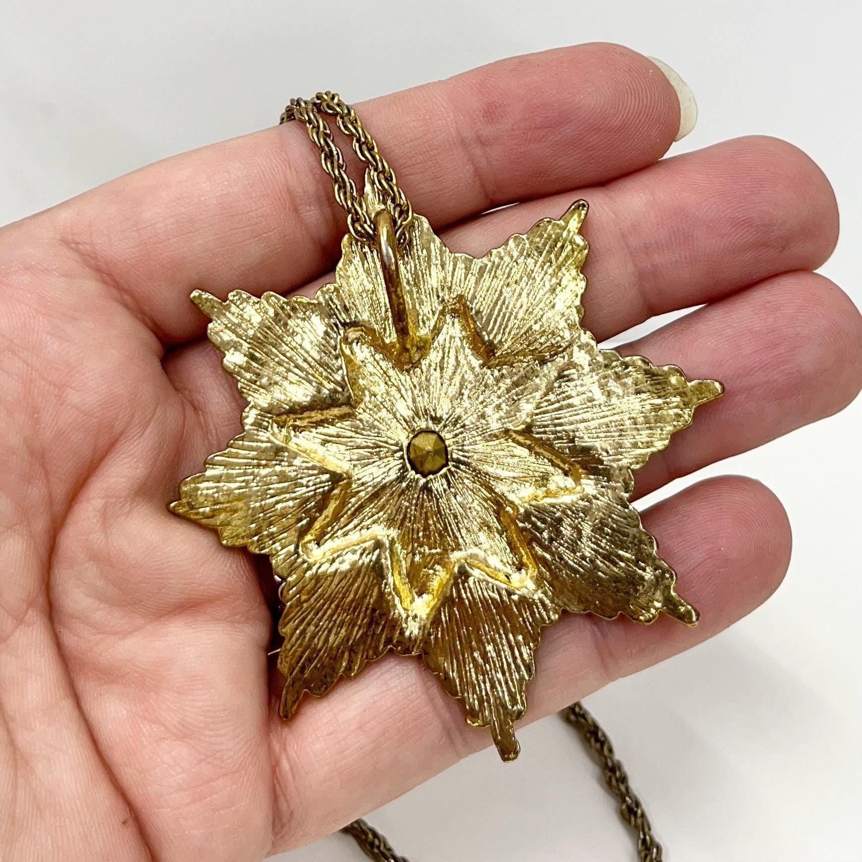 Vintage 1970‘s 1980’s Kenneth Lane Gold Plate Starburst Star / Flower Pendant Necklace with Black Enamel & Crystal Crystal 32” Curb Chain TheGreenGlassGemShop