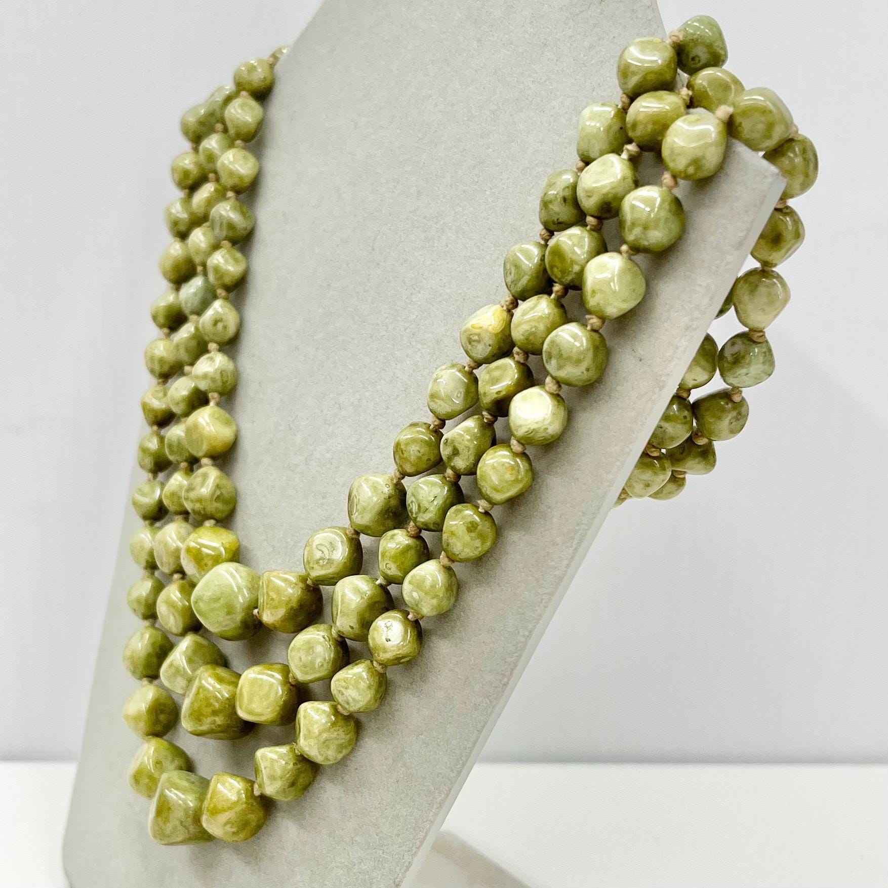 Vintage 3 Strand Mottled Green Czech Glass Graduated Hand Knotted Bead Necklace Multi Strand Necklace TheGreenGlassGemShop