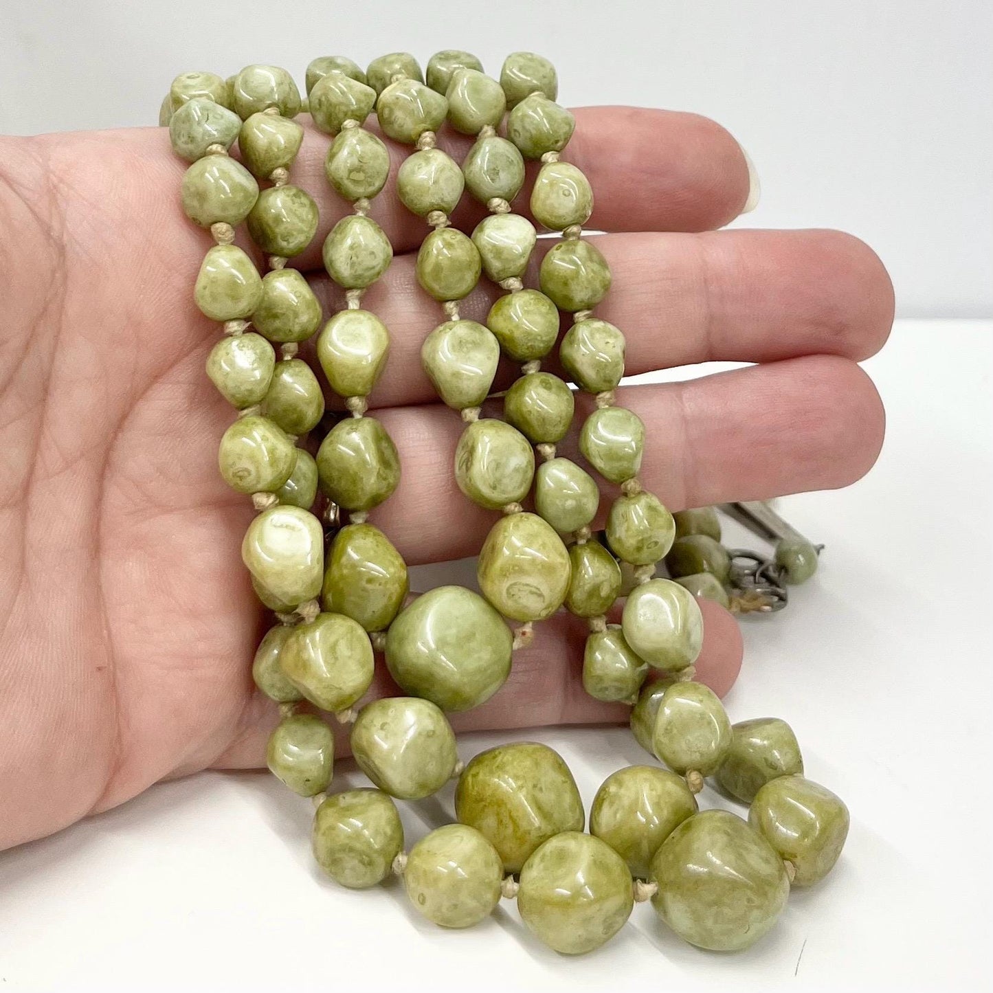 Vintage 3 Strand Mottled Green Czech Glass Graduated Hand Knotted Bead Necklace Multi Strand Necklace TheGreenGlassGemShop