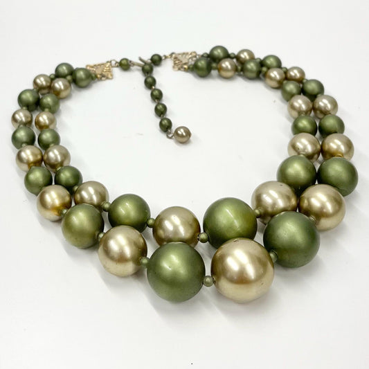 Vintage Chunky 2 Strand Light Weight Two Tone Green Faux Pearl, Graduated Plastic Bead Necklace Multi Strand Necklace TheGreenGlassGemShop