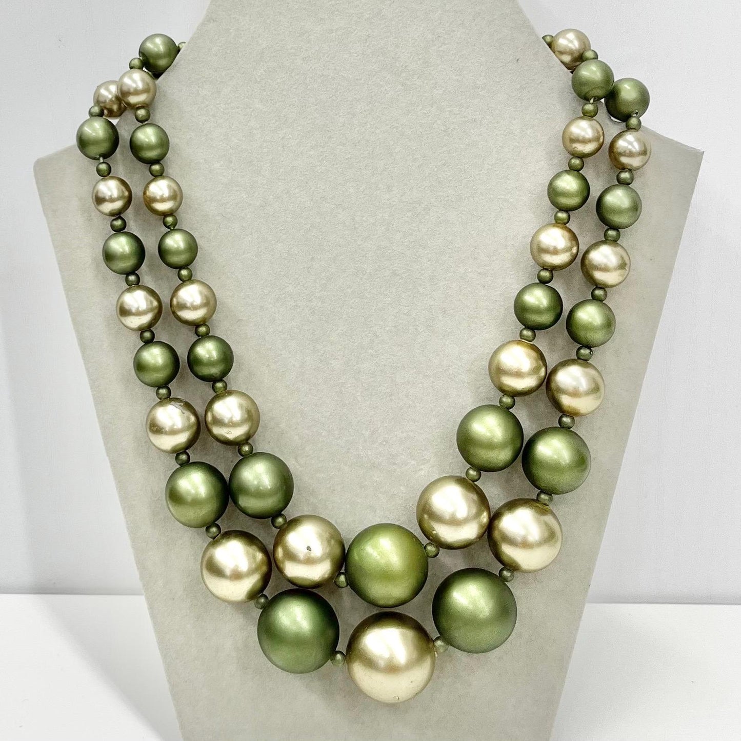 Vintage Chunky 2 Strand Light Weight Two Tone Green Faux Pearl, Graduated Plastic Bead Necklace Multi Strand Necklace TheGreenGlassGemShop