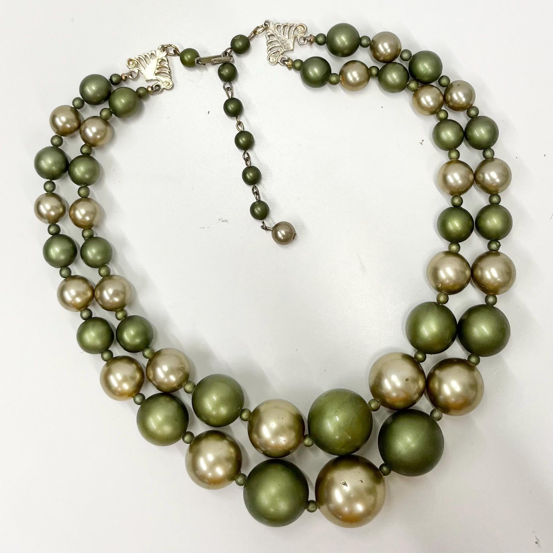 Vintage Chunky 2 Strand Light Weight Two Tone Green Faux Pearl, Graduated Plastic Bead Necklace Multi Strand Necklace TheGreenGlassGemShop