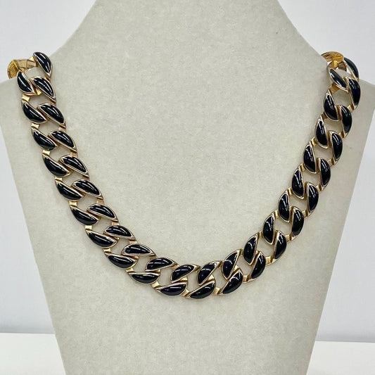 Vintage Gold Tone Black Enamelled Flat Curb Chain Necklace Fabulous 1970’s - 1980’s Collar Style Necklace TheGreenGlassGemShop