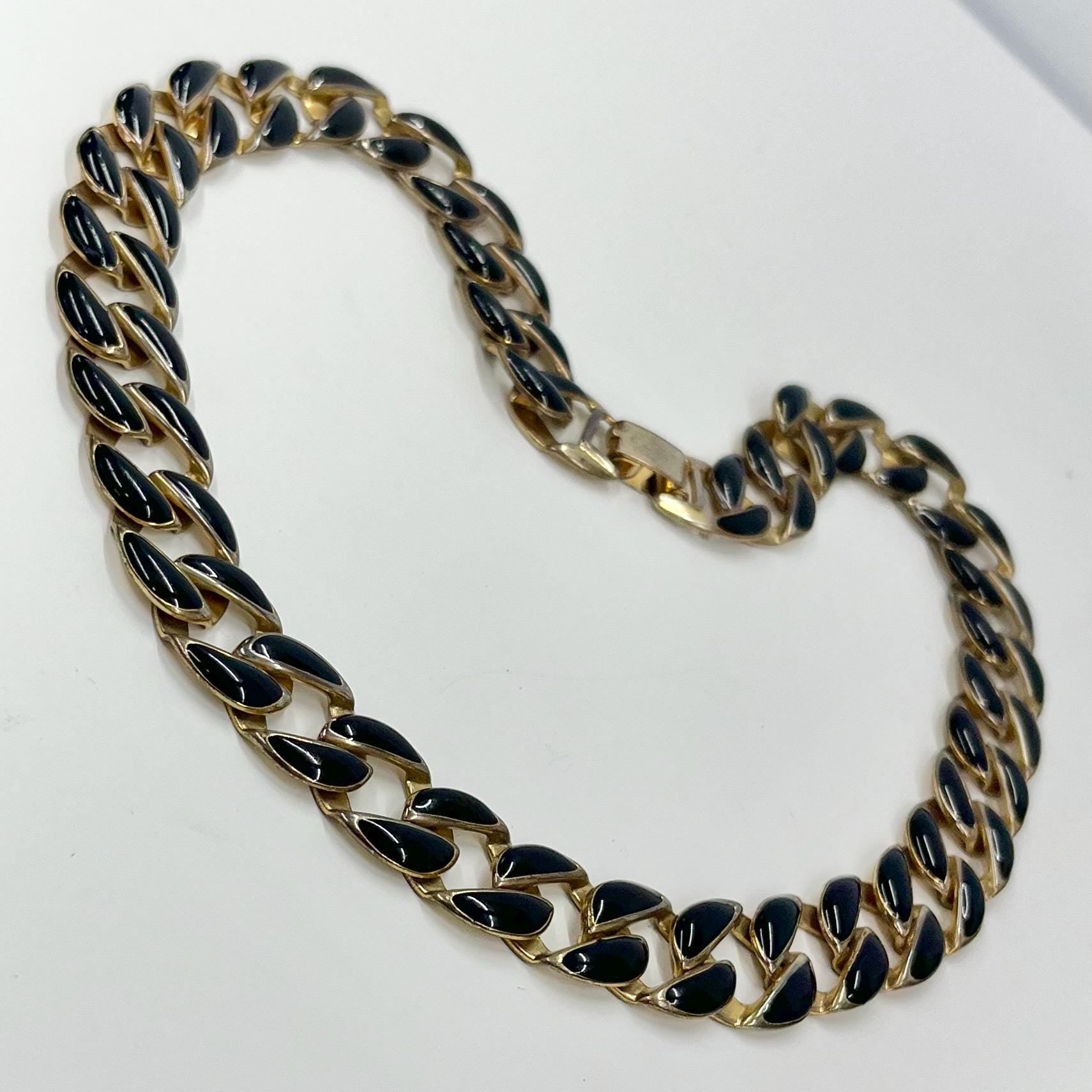 Vintage Gold Tone Black Enamelled Flat Curb Chain Necklace Fabulous 1970’s - 1980’s Collar Style Necklace TheGreenGlassGemShop