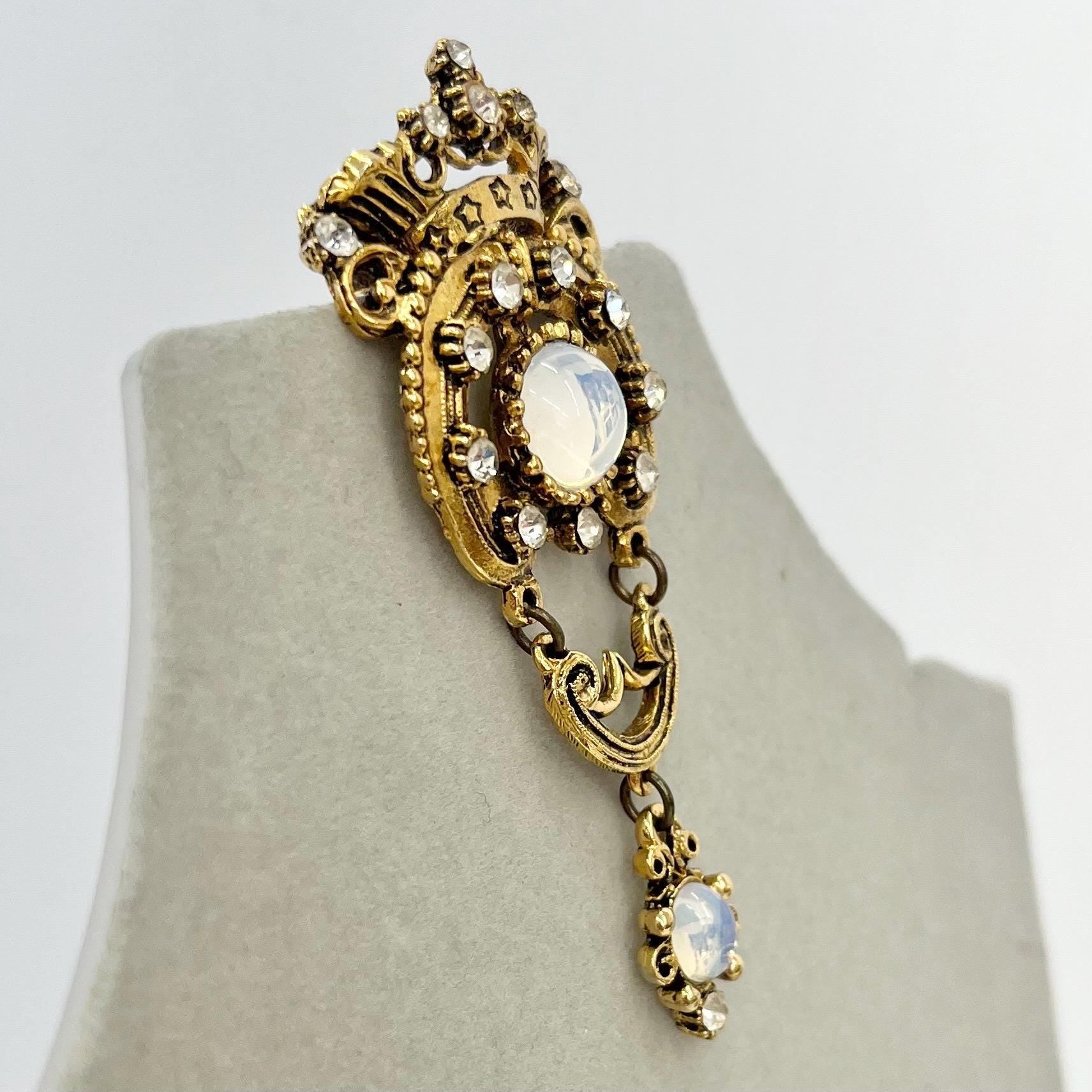 Vintage Crown Detailed Long Drop Brooch Gold Plate with an Opaline Czech Glass Cabochon TheGreenGlassGemShop