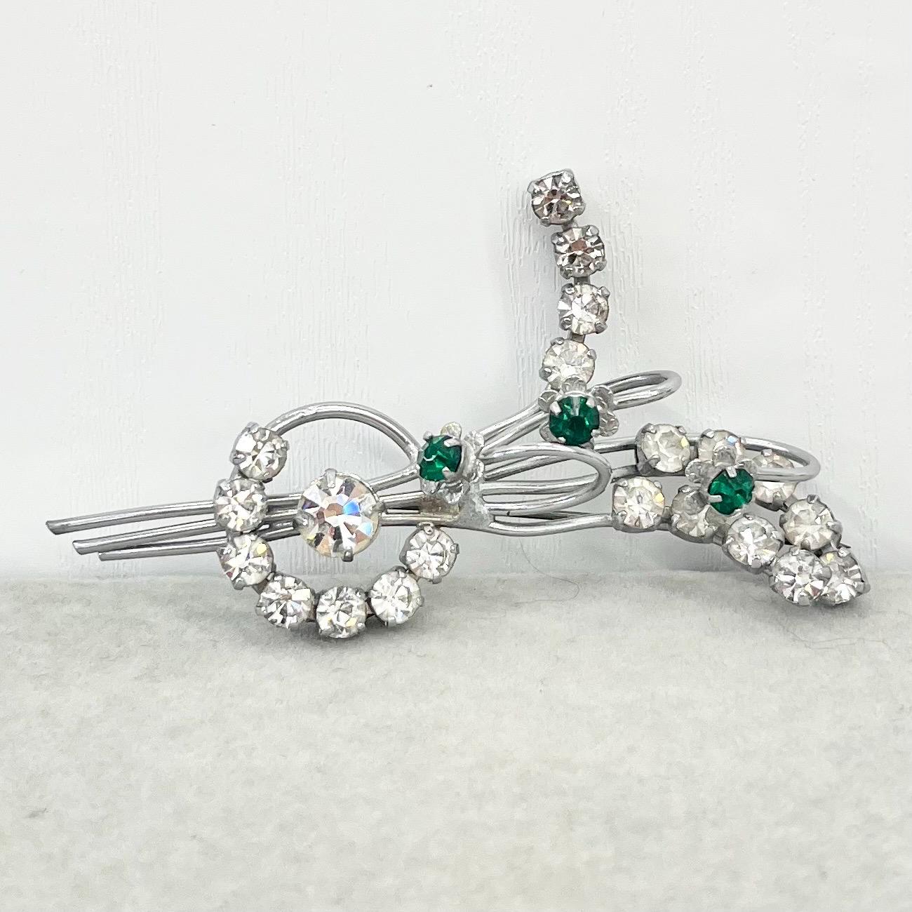 Vintage Large Floral Bouquet Spray Brooch with Emerald Green & Clear Crystals in a Silver Tone Setting Statement Piece TheGreenGlassGemShop