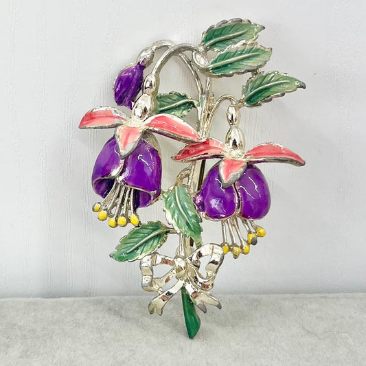 Vintage Exquisite Floral Fuchsia Enamelled Flower Brooch Purple Pink Green Light Gold Tone Statement Piece TheGreenGlassGemShop