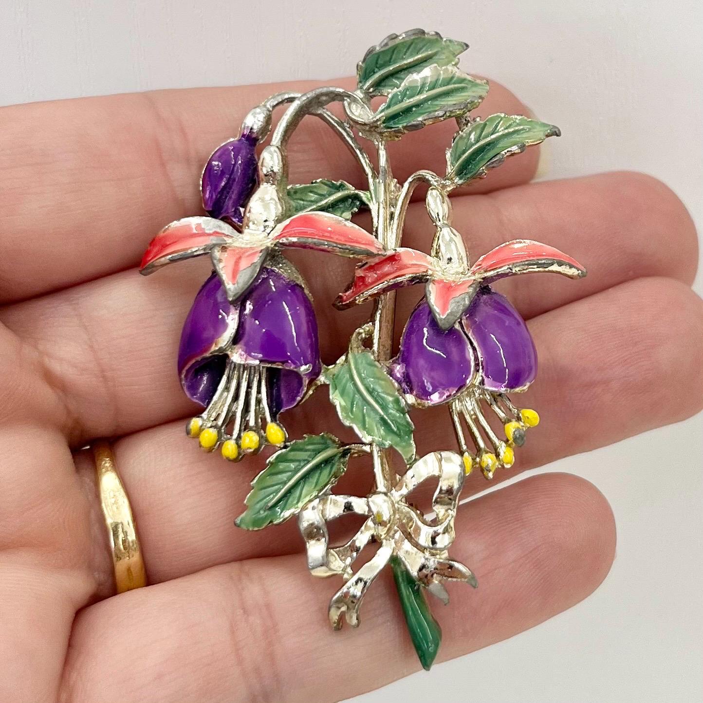 Vintage Exquisite Floral Fuchsia Enamelled Flower Brooch Purple Pink Green Light Gold Tone Statement Piece TheGreenGlassGemShop