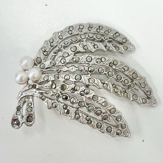 Vintage Silver Tone Marcasite Leaf Trio Brooch with Faux Pearl Accents Large Contempory Costume Jewellery Statement Piece TheGreenGlassGemShop