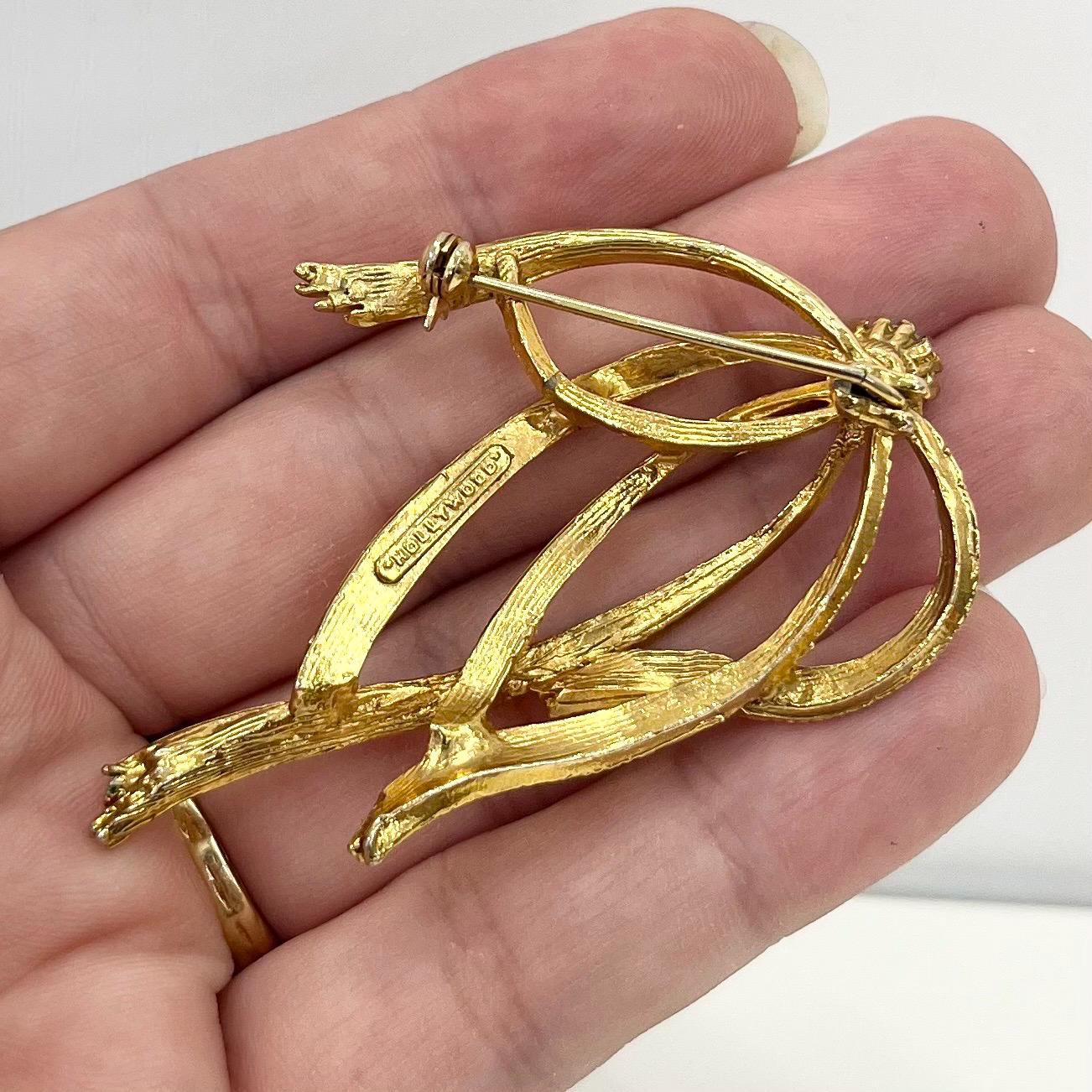 Vintage Hollywood Gold Tone Brutalist Ribbon Brooch with Blue Crystal Accents Contempory Costume Jewellery Statement Piece TheGreenGlassGemShop