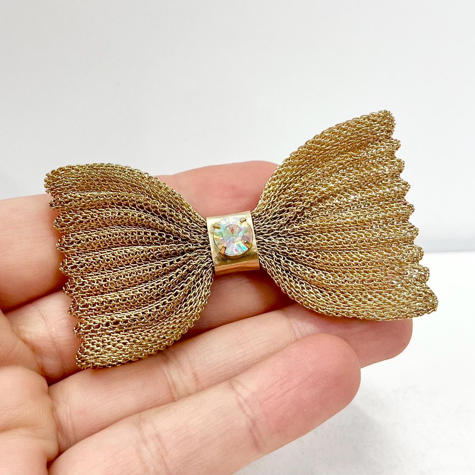 Vintage Gold Tone Woven Mesh Bow Brooch Large with an Aurora Borealis Austrian Crystal Accent Costume Jewellery Statement Piece TheGreenGlassGemShop