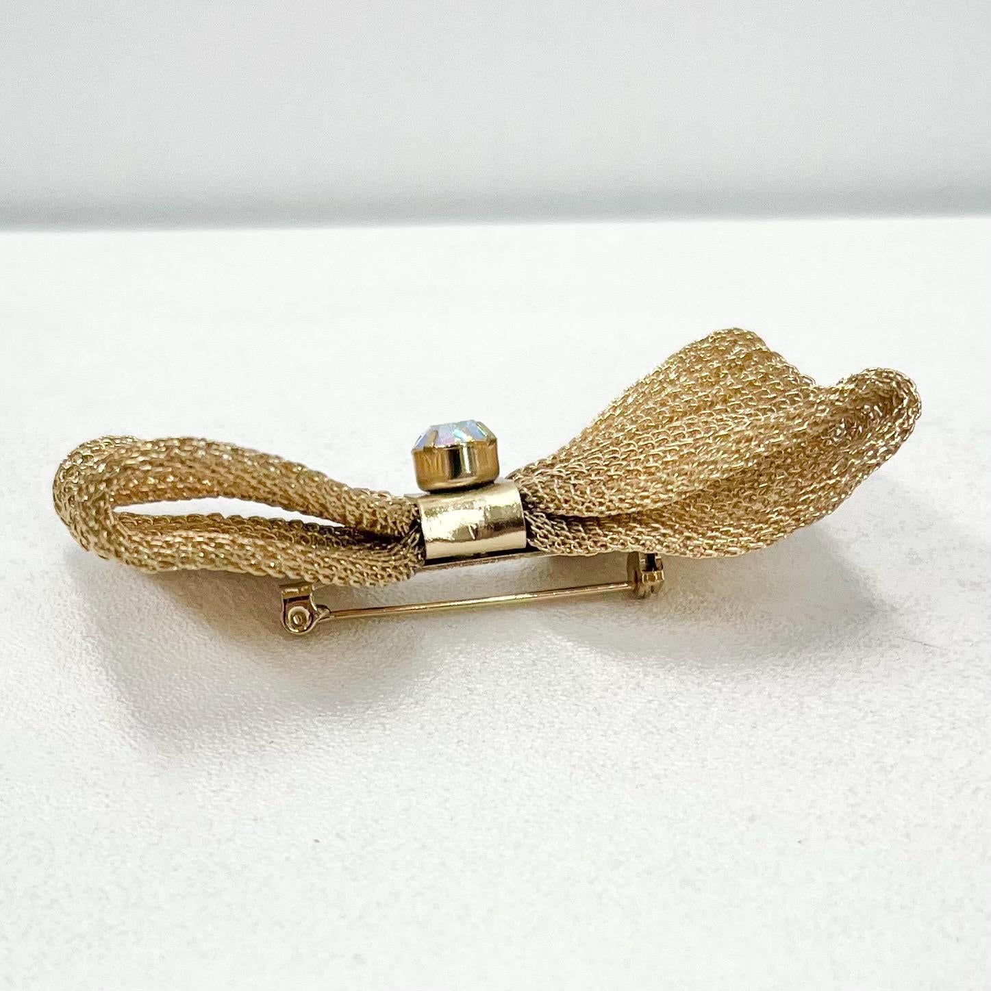 Vintage Gold Tone Woven Mesh Bow Brooch Large with an Aurora Borealis Austrian Crystal Accent Costume Jewellery Statement Piece TheGreenGlassGemShop