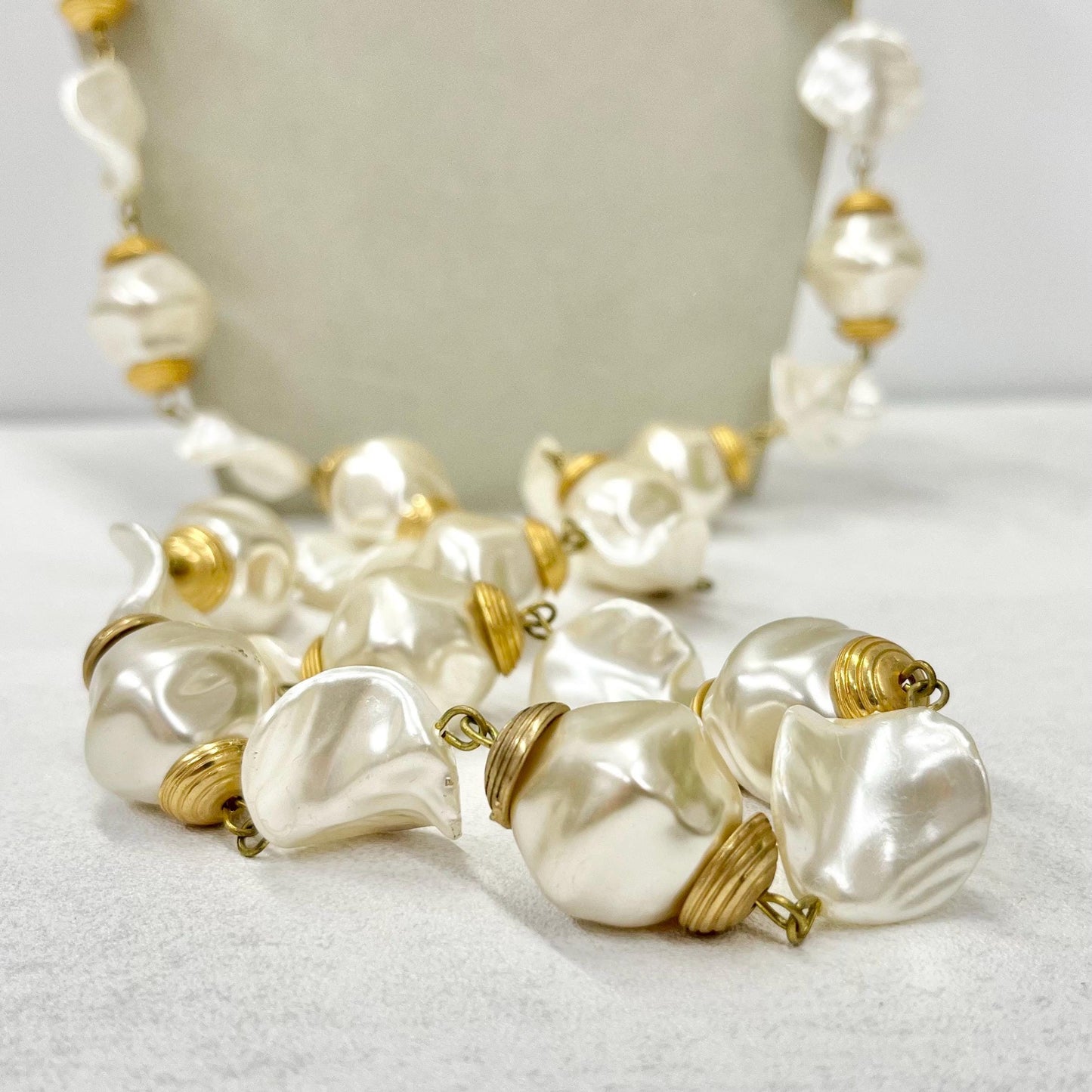 Vintage 1970’s Chunky Faux Baroque Pearl Necklace Fabulous Gold Tone & Cream Long 39” Statement Necklace TheGreenGlassGemShop