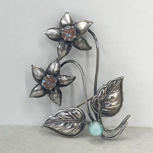 Antique Vintage Arts and Crafts Saphiret Sappharine Floral Flower Bouquet Brooch Silver Tone White Metal TheGreenGlassGemShop