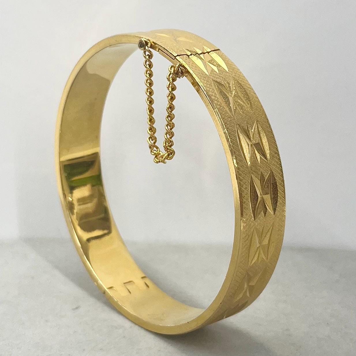 Vintage CHOW’S Gold Plate 1970’s 1980’s Engraved Pattern Bracelet Bangle with Safety Chain Costume Jewellery TheGreenGlassGemShop