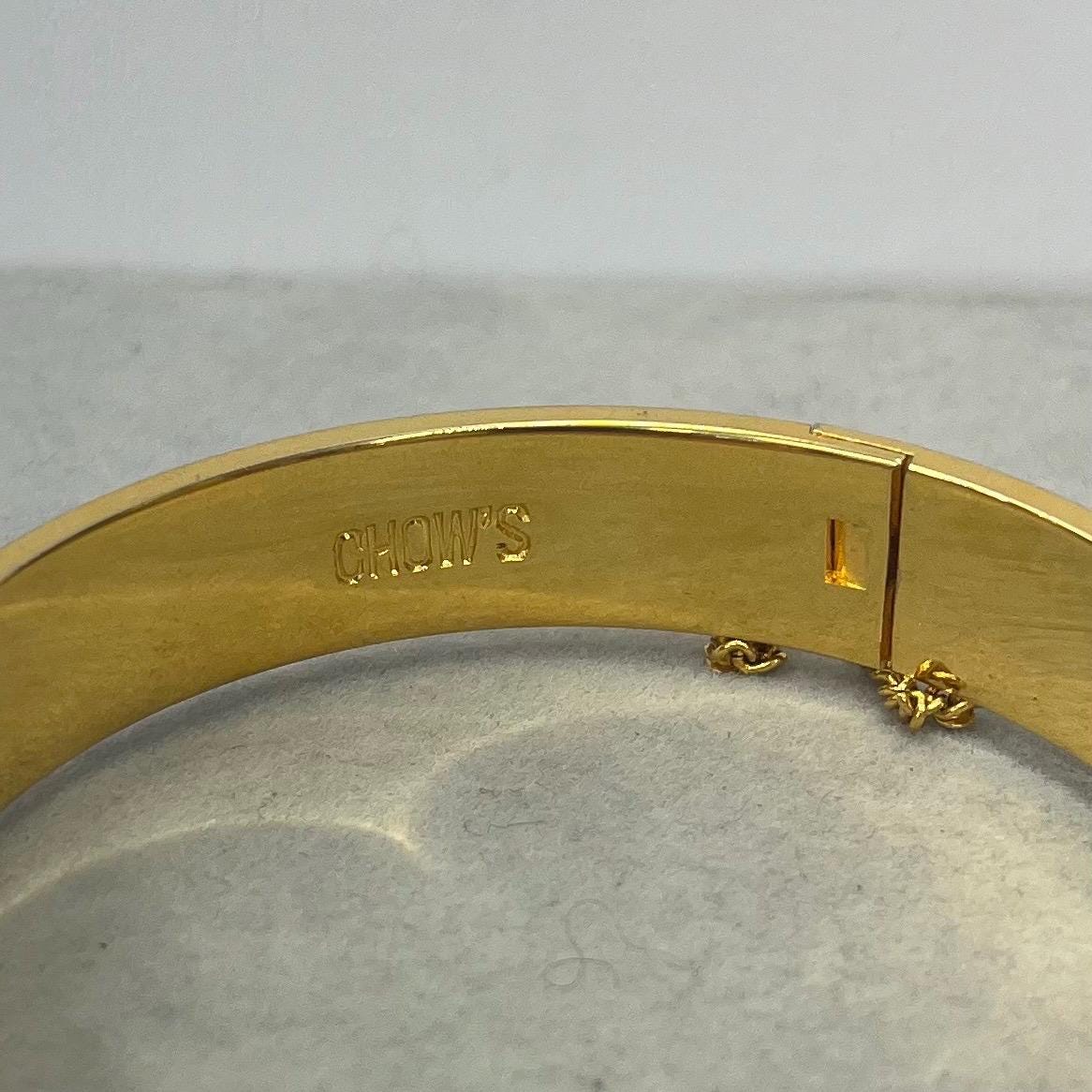 Vintage CHOW’S Gold Plate 1970’s 1980’s Engraved Pattern Bracelet Bangle with Safety Chain Costume Jewellery TheGreenGlassGemShop