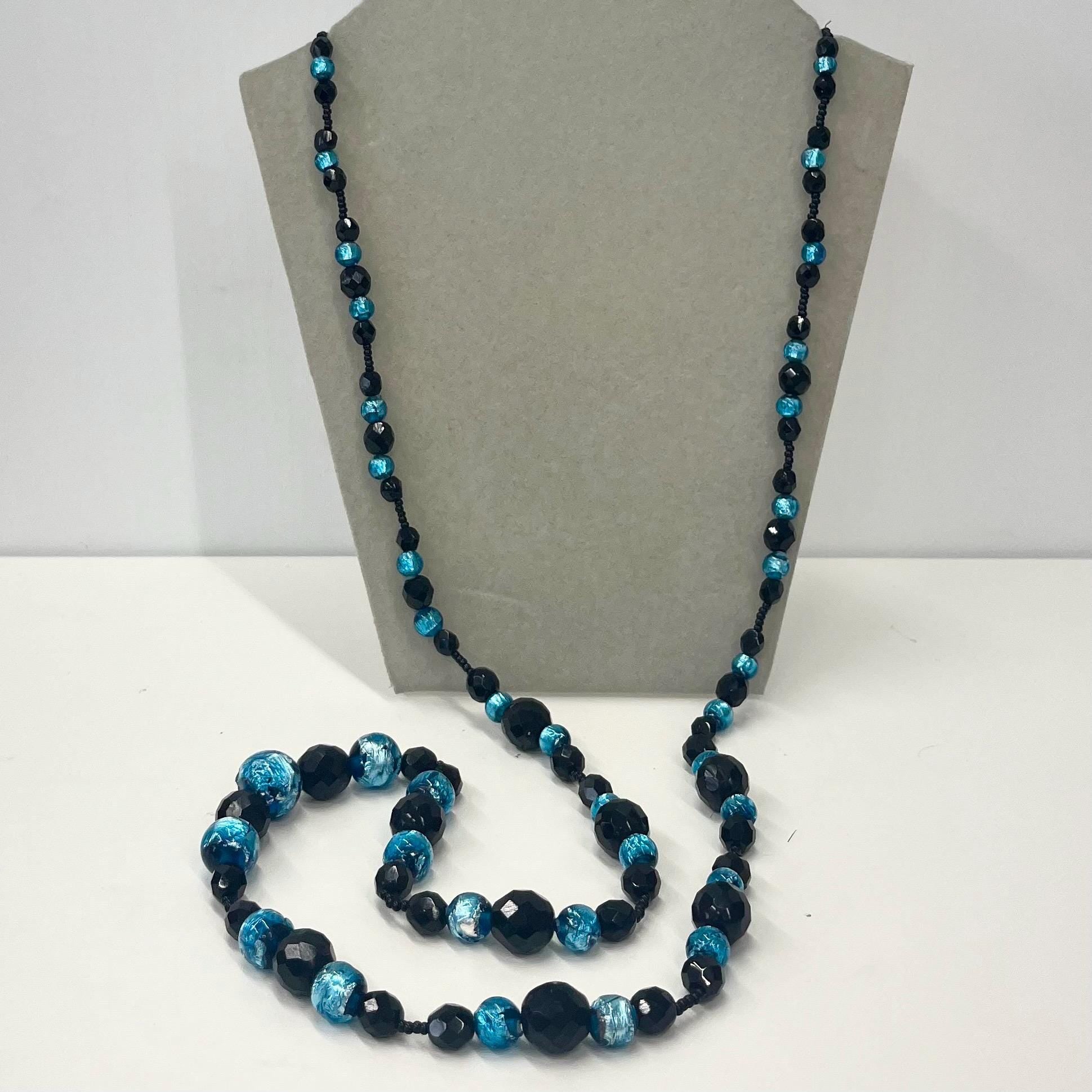 Vintage Aqua Blue Gold Foil Glass Bead Hand Knotted Necklace with Black Czech Firepolished Crystals 38” Long Lampwork Beads TheGreenGlassGemShop