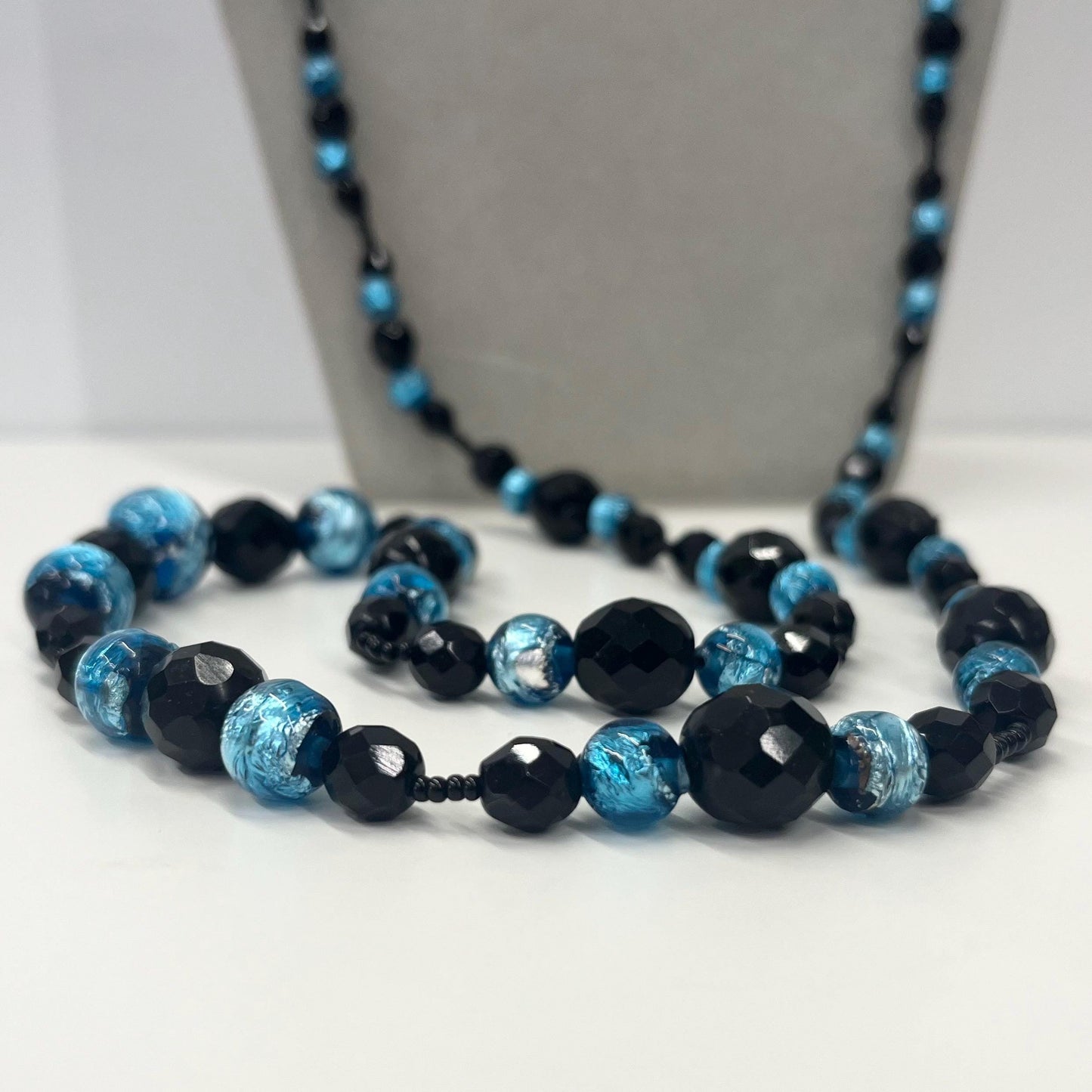 Vintage Aqua Blue Gold Foil Glass Bead Hand Knotted Necklace with Black Czech Firepolished Crystals 38” Long Lampwork Beads TheGreenGlassGemShop