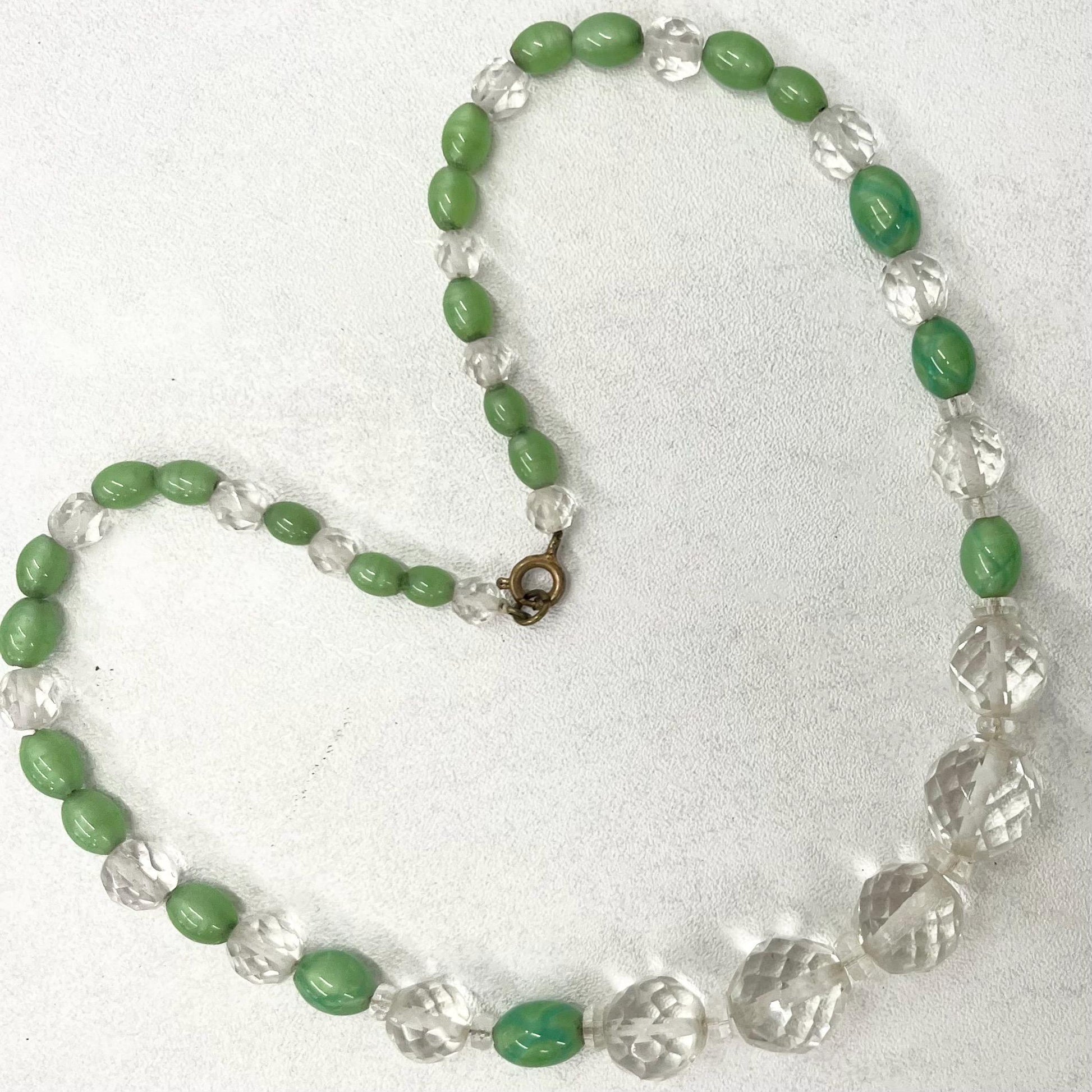 Art Deco 1930’s Green & Clear Faceted Glass Bead Necklace Czech Firepolished Beads Vintage Jewellery 17” Long TheGreenGlassGemShop