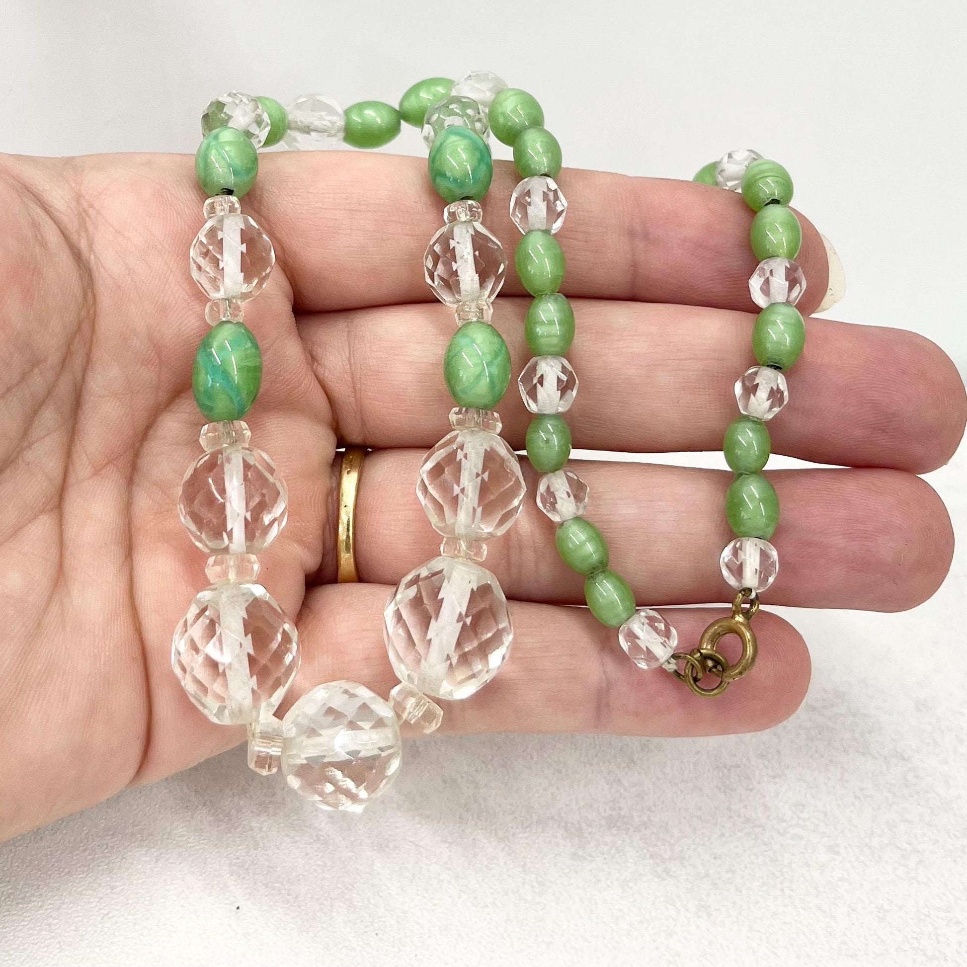 Art Deco 1930’s Green & Clear Faceted Glass Bead Necklace Czech Firepolished Beads Vintage Jewellery 17” Long TheGreenGlassGemShop