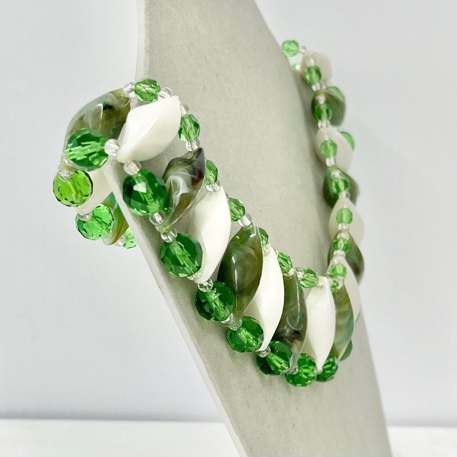 Vintage Two Tone White and Green Marbled Acrylic Plastic & Glass Bead Collar Choker Necklace 14” Long Chunky Oval Beads TheGreenGlassGemShop