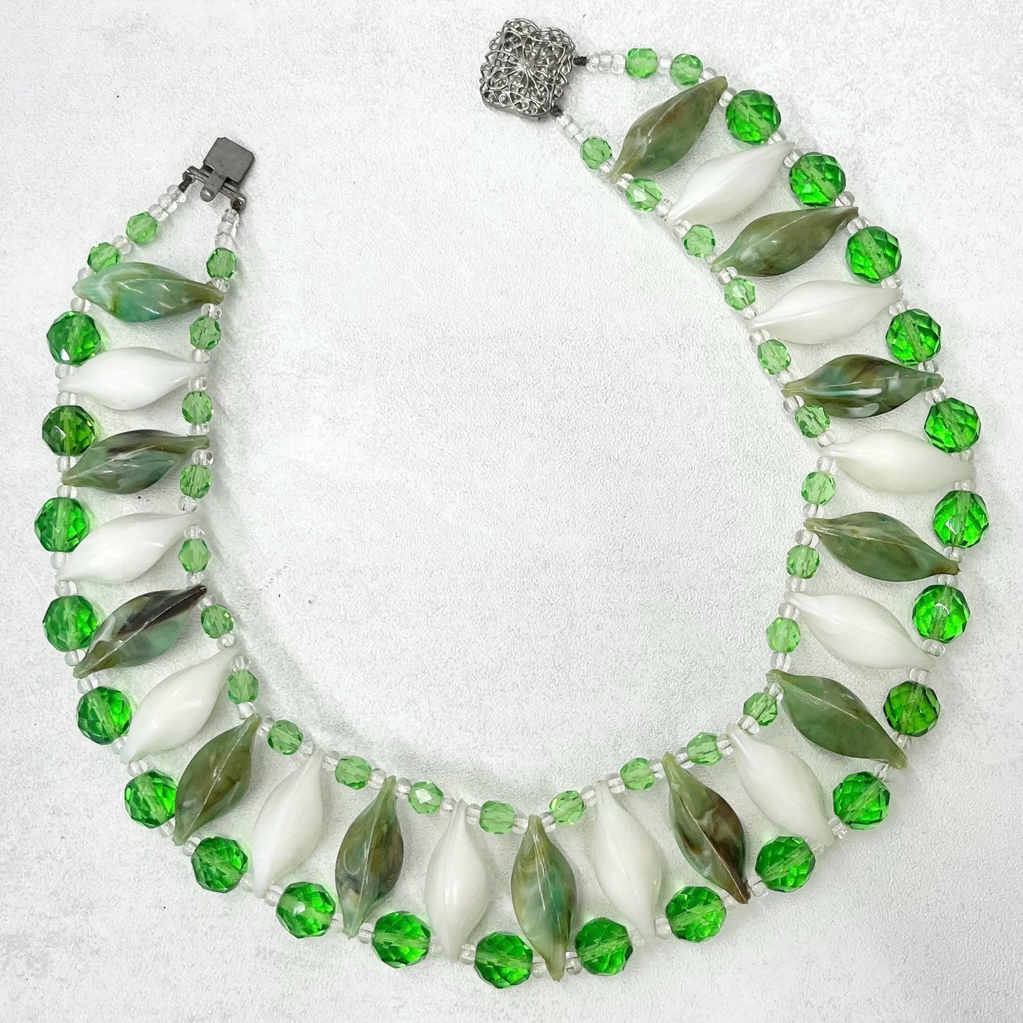 Vintage Two Tone White and Green Marbled Acrylic Plastic & Glass Bead Collar Choker Necklace 14” Long Chunky Oval Beads TheGreenGlassGemShop