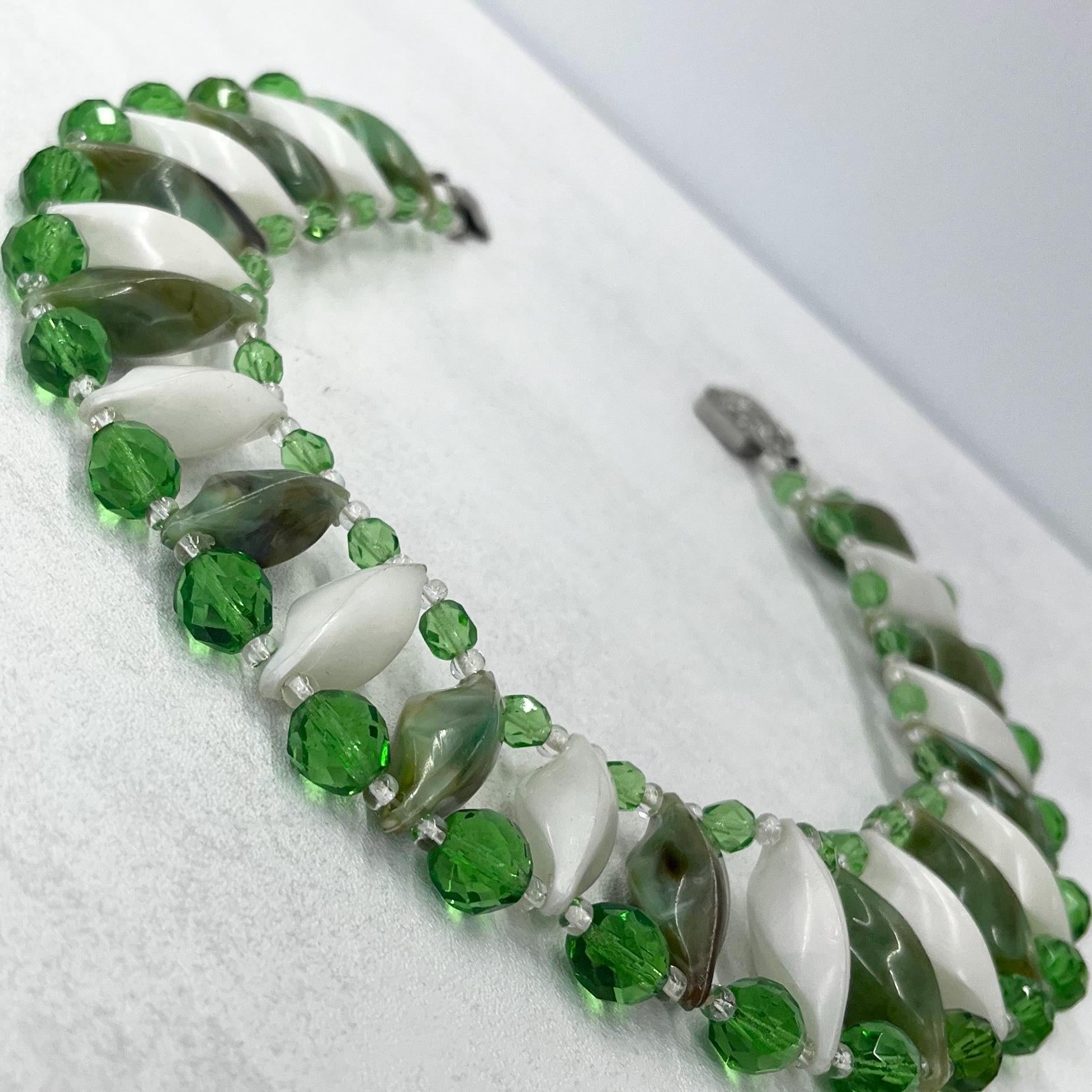 Vintage Two Tone White and Green Marbled Acrylic Plastic & Glass Bead Collar Choker Necklace 14” Long Chunky Oval Beads TheGreenGlassGemShop