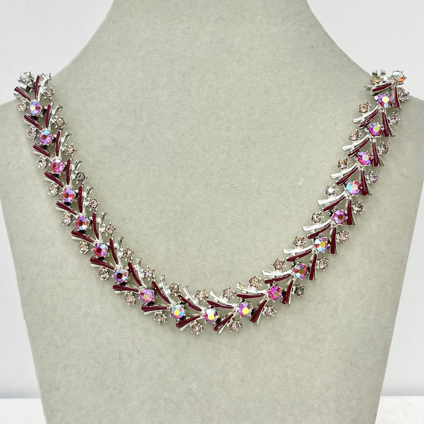 Vintage Miracle Austrian Crystal Enamelled Necklace with Aurora Borealis Fuchsia Pink Crystals Super Sparkling Prom Bridal TheGreenGlassGemShop