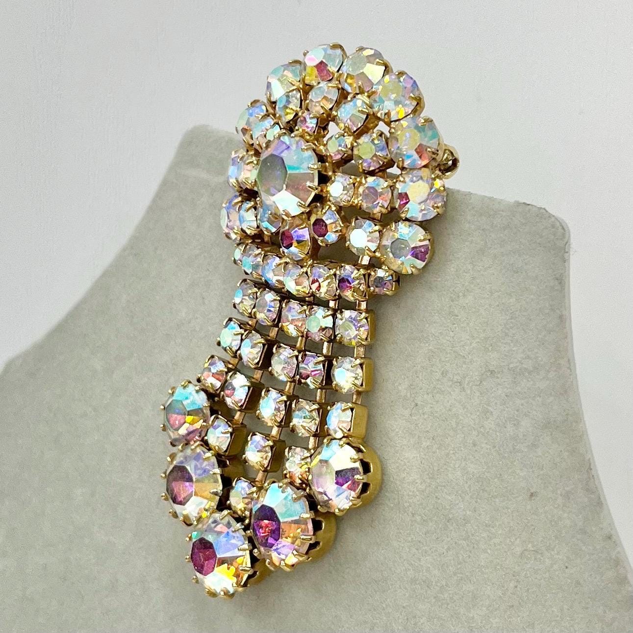 Vintage Aurora Borealis Austrian Crystal Long Tassle Drop Waterfall Flower Brooch Gold Plate Statement Piece TheGreenGlassGemShop