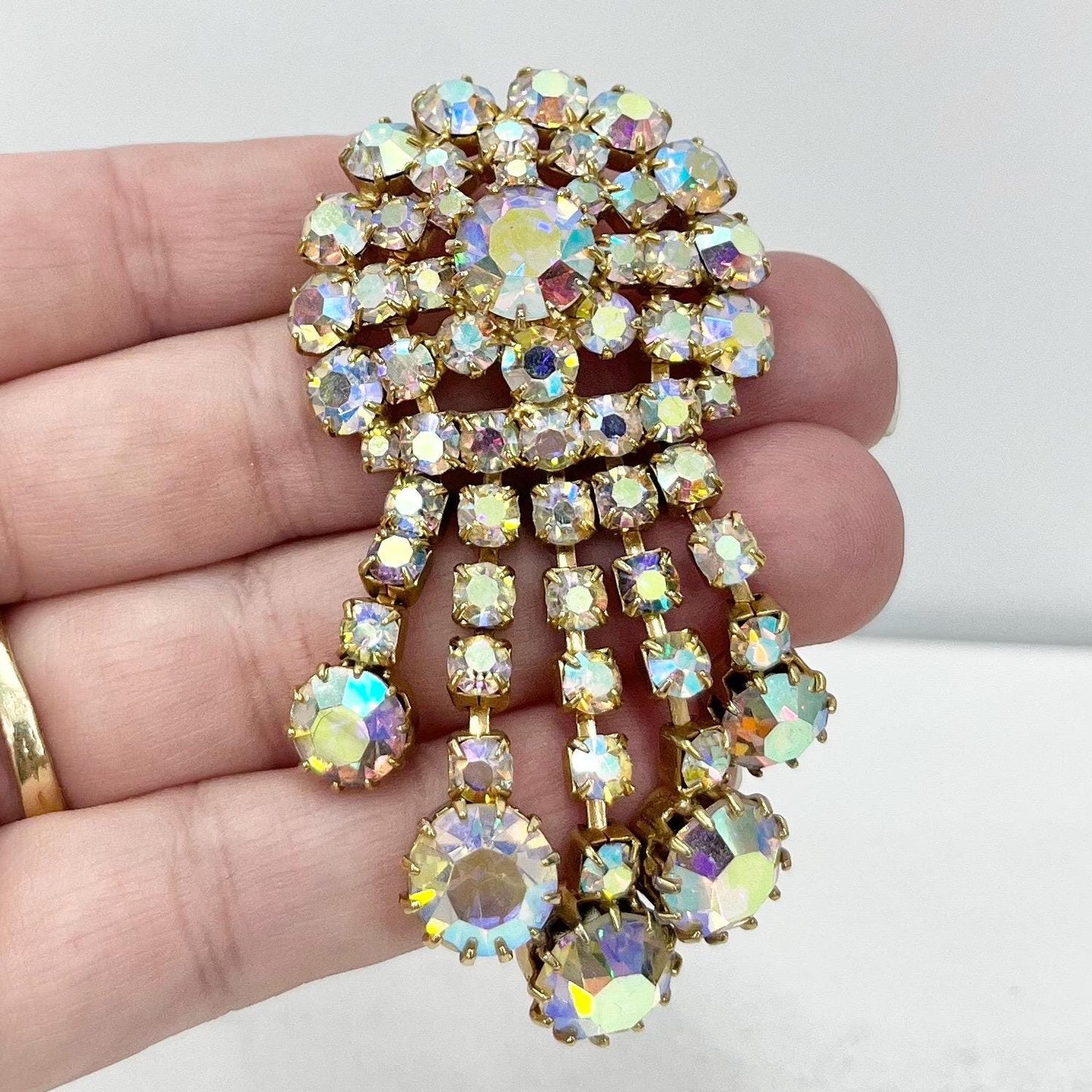 Vintage Aurora Borealis Austrian Crystal Long Tassle Drop Waterfall Flower Brooch Gold Plate Statement Piece TheGreenGlassGemShop