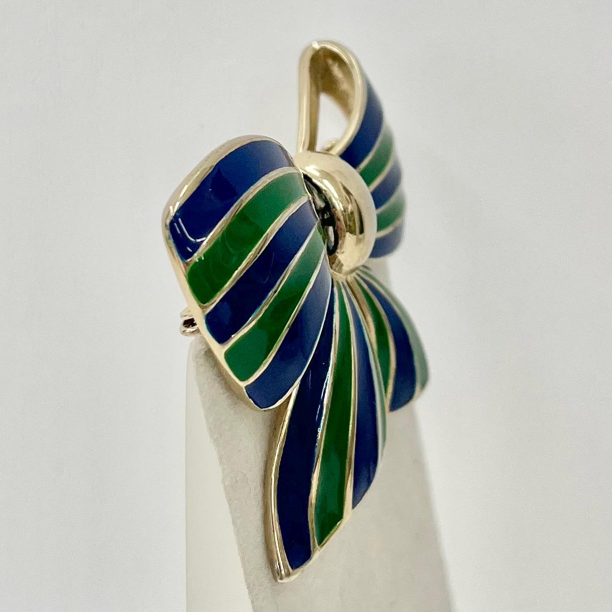 Vintage Large Gold Tone Blue & Green Striped Enamel Bow Brooch TheGreenGlassGemShop