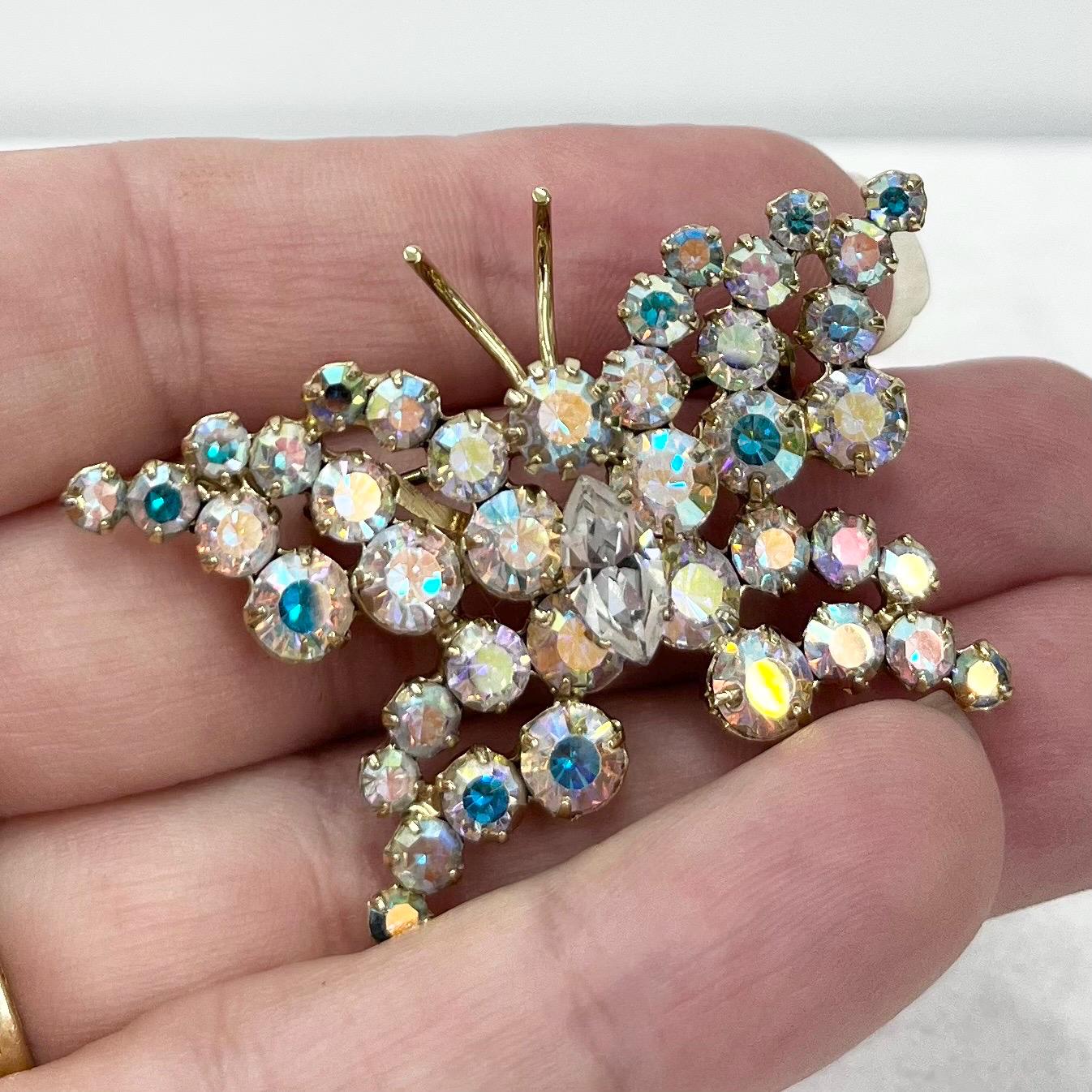 Vintage Aurora Borealis Austrian Crystal Butterfly Brooch Gold Plate Statement Piece TheGreenGlassGemShop