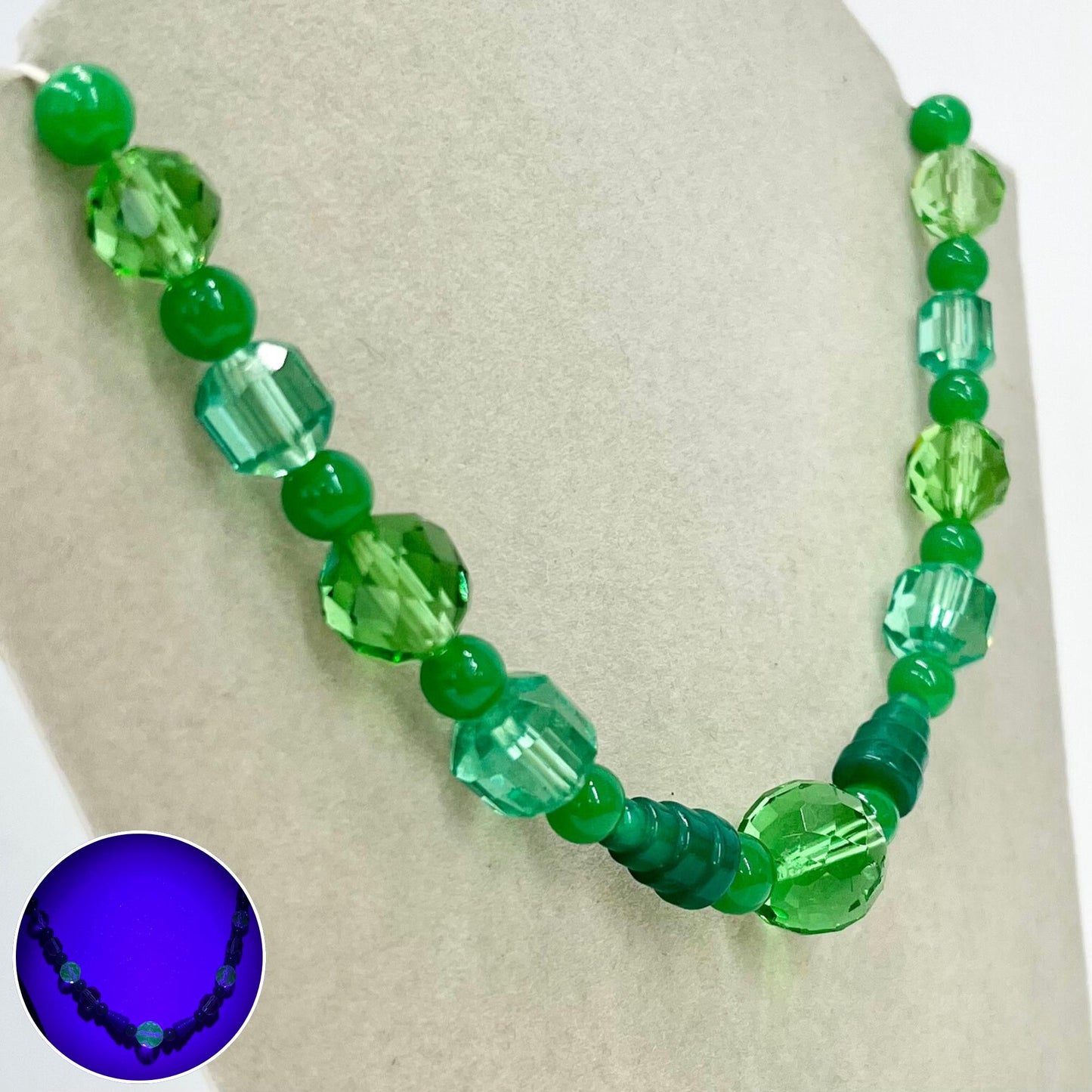 Vintage Green & Teal Faceted Glass Manganese Bead Necklace Green UV Reactive Glow Jewellery 17” TheGreenGlassGemShop